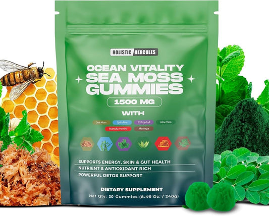 Holistic Hercules Sea Moss Gummies 30 count with spirulina, aloe vera, moringa and more.