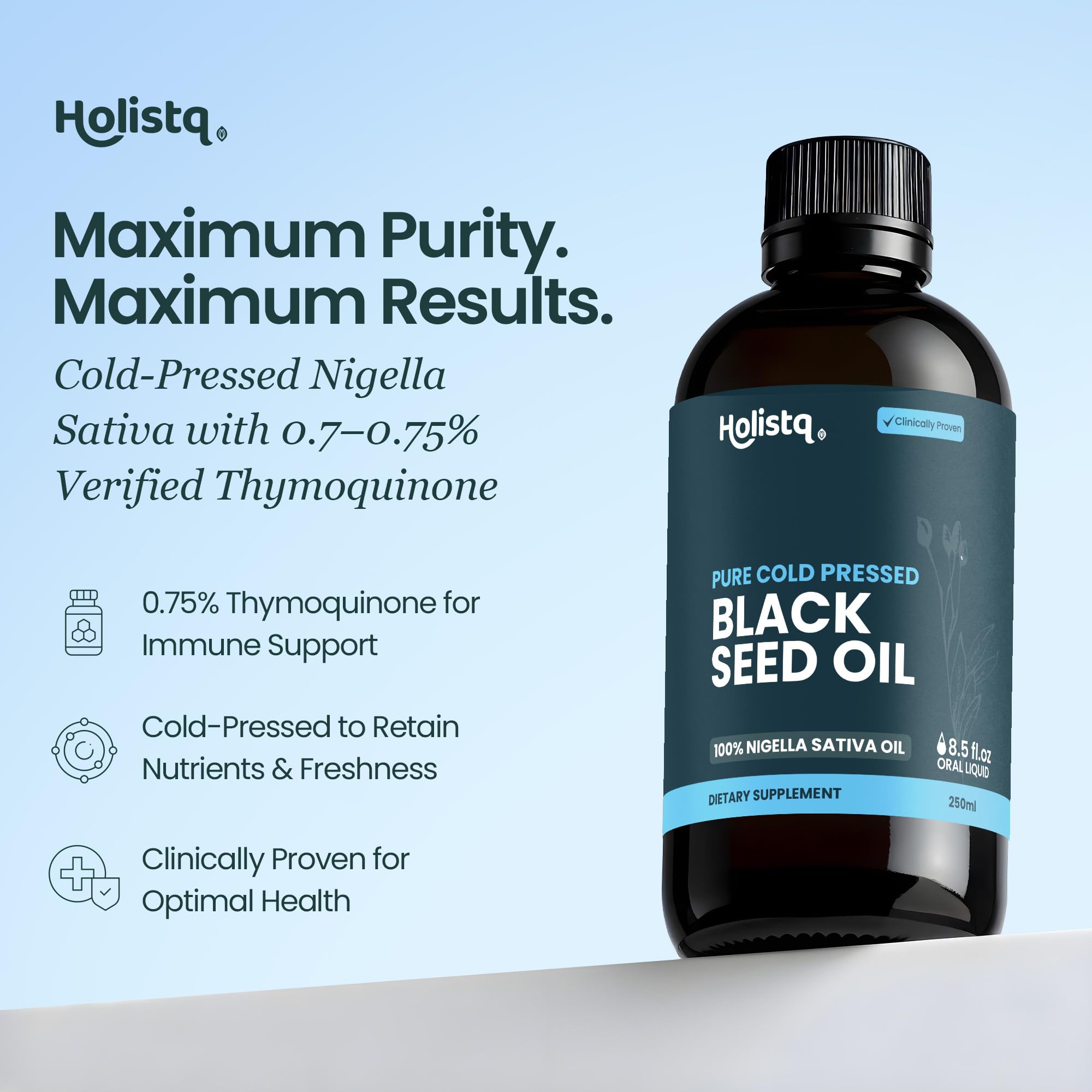 Holistiq black cumin seed oil label showing organic and non-GMO ingredients