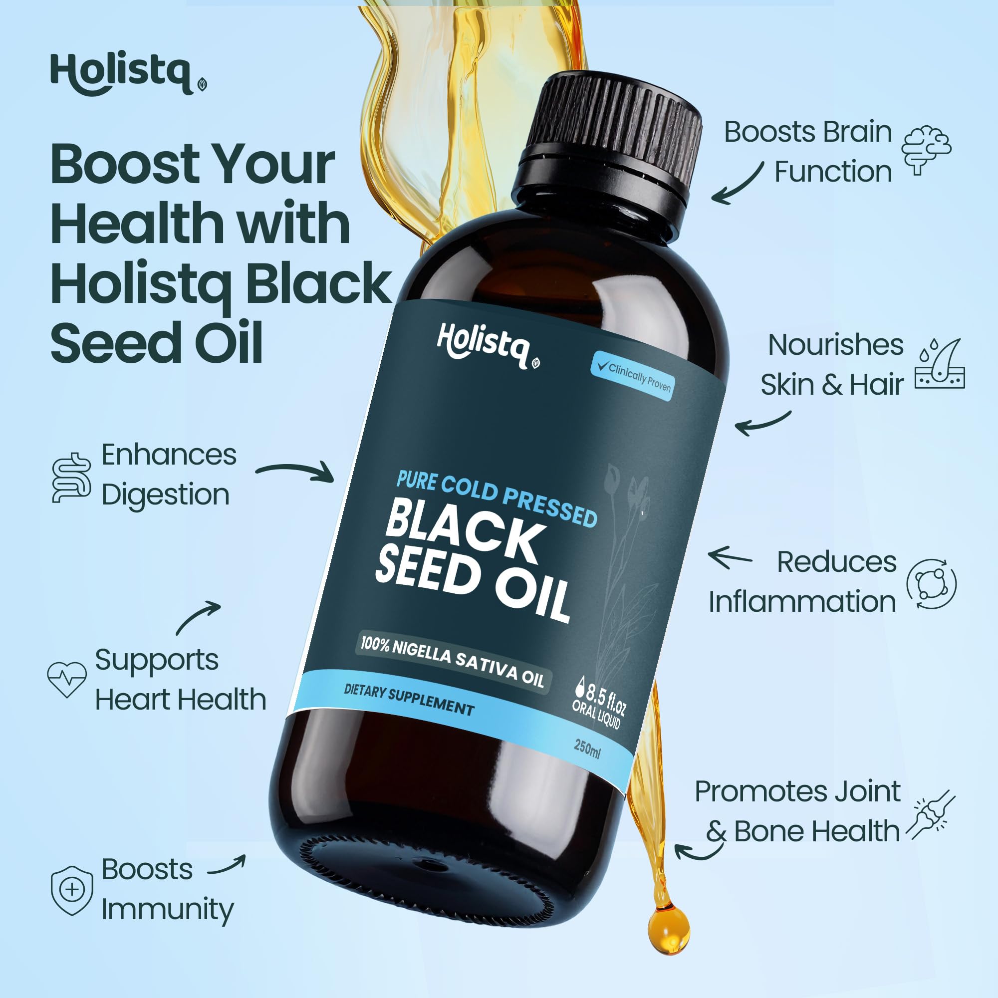 Holistiq black cumin seed oil liquid being poured