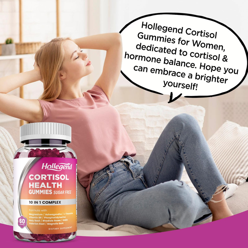 Lifestyle shot of HOLLEGEND cortisol gummies on a desk