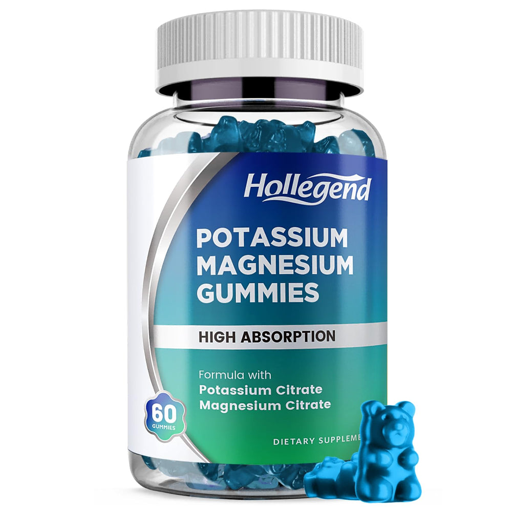 Front view of HOLLEGEND Potassium Magnesium Gummies bottle and gummies