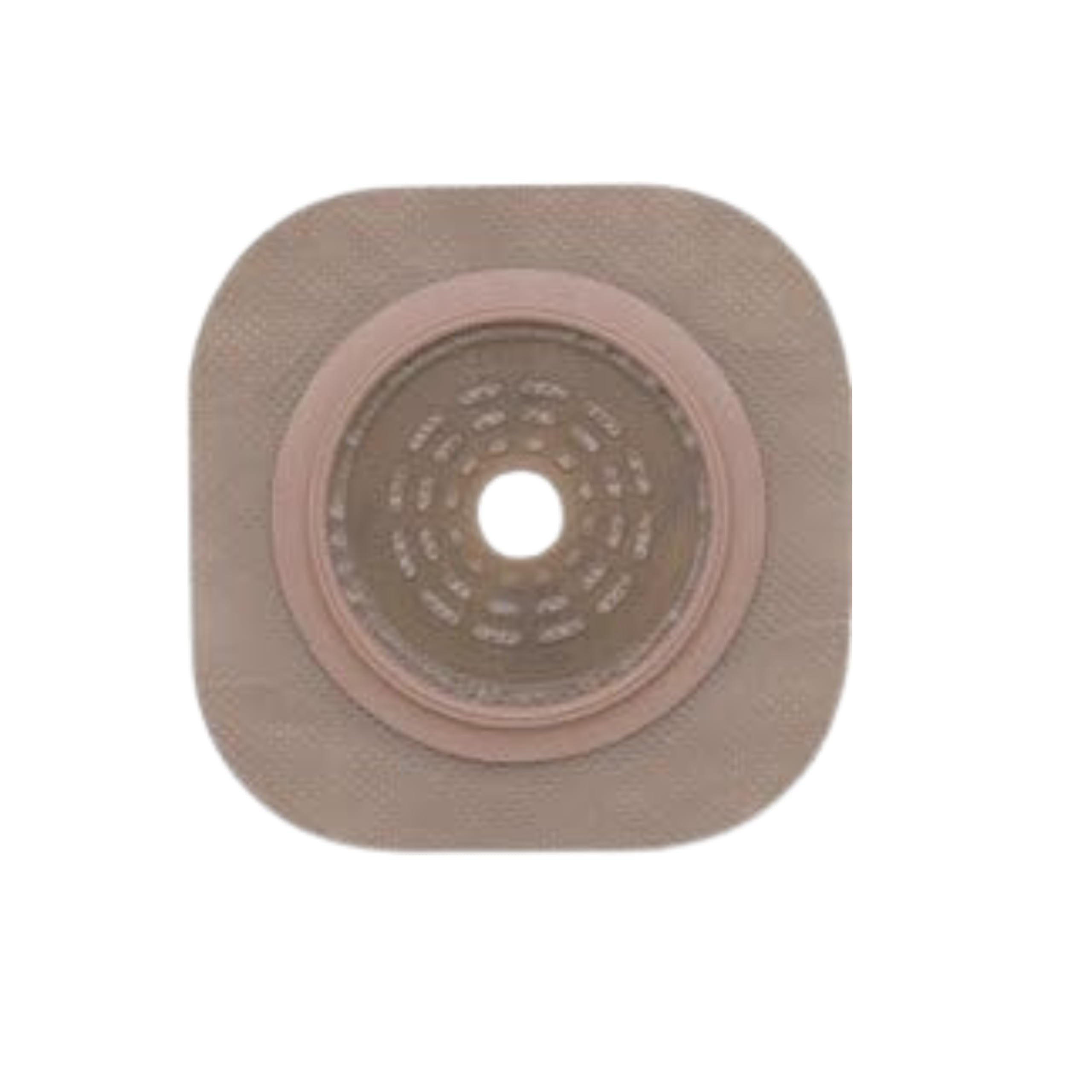 Hollister 14203 floating flange close-up demonstrates abdomen-pressure relief during pouch attachment.