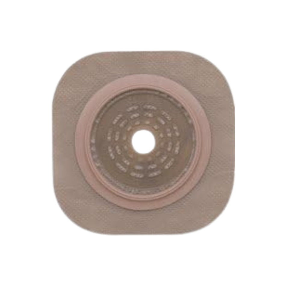 Hollister 14203 floating flange close-up demonstrates abdomen-pressure relief during pouch attachment.