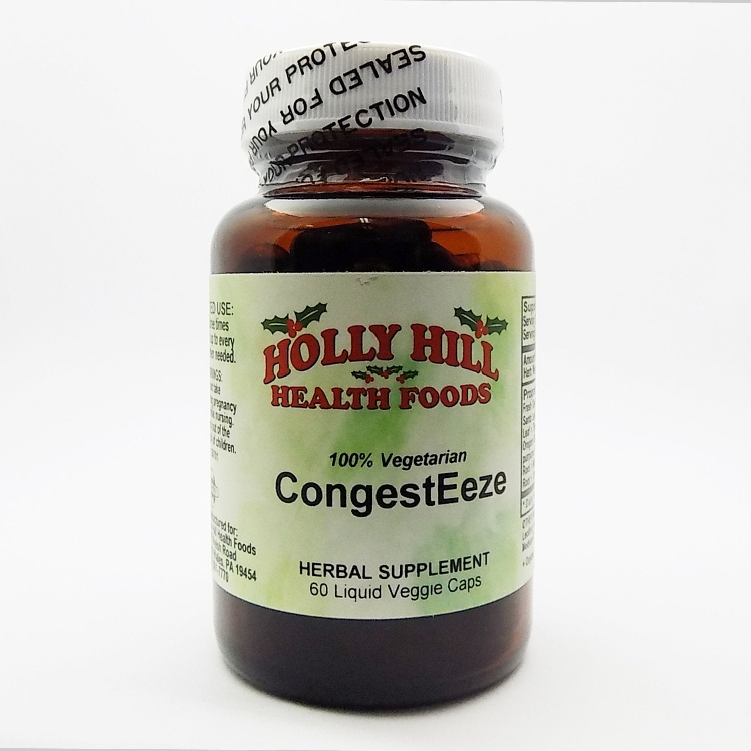 Holly Hill CongestEeze bottle label showing 60 liquid vegetarian capsules