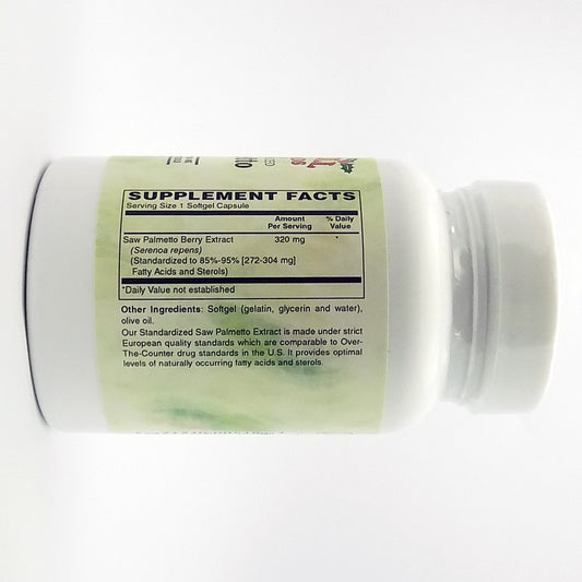 European standardized saw palmetto extract softgel bottle label close-up