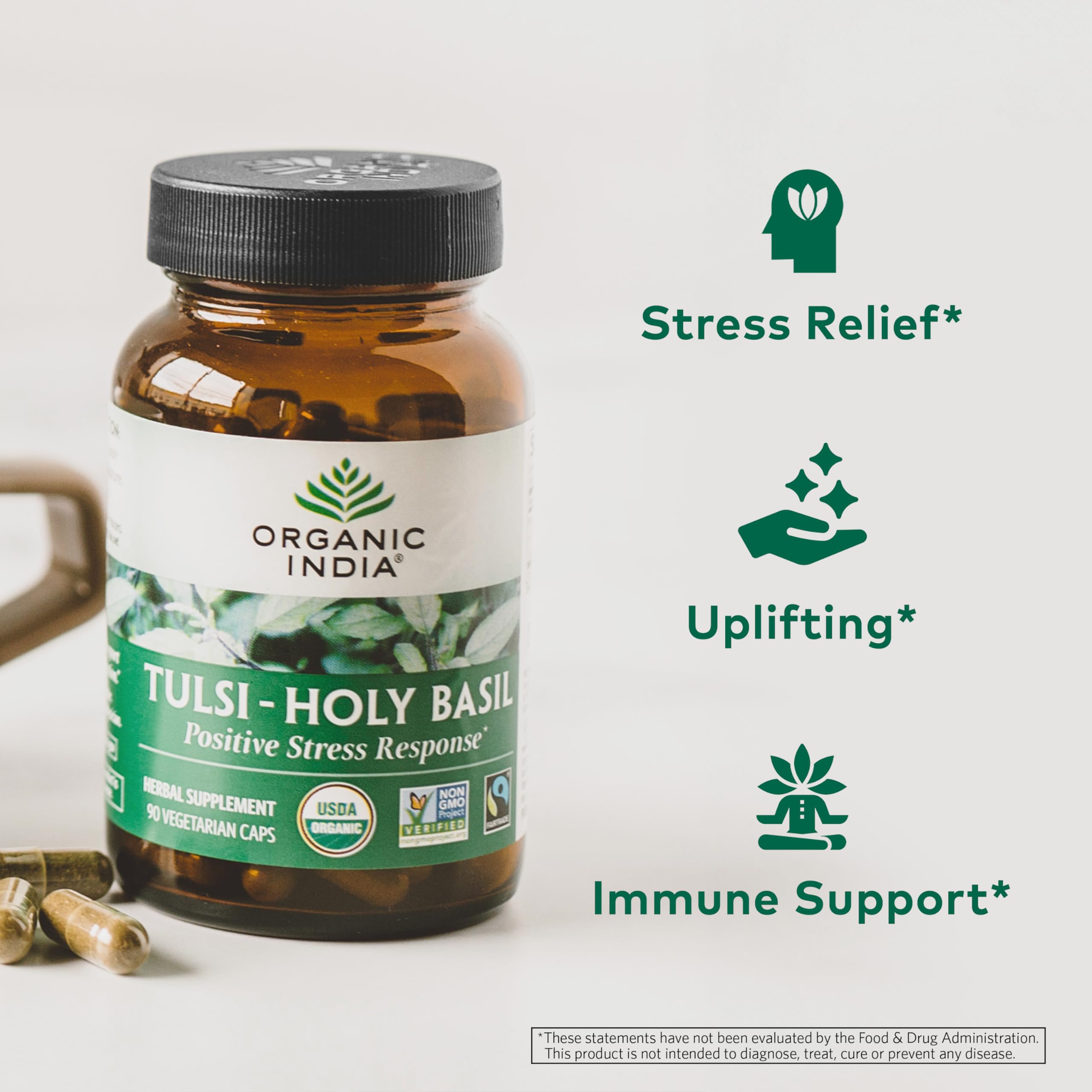 Holy Basil (Tulsi) capsules close-up showing Tulsi leaf extract