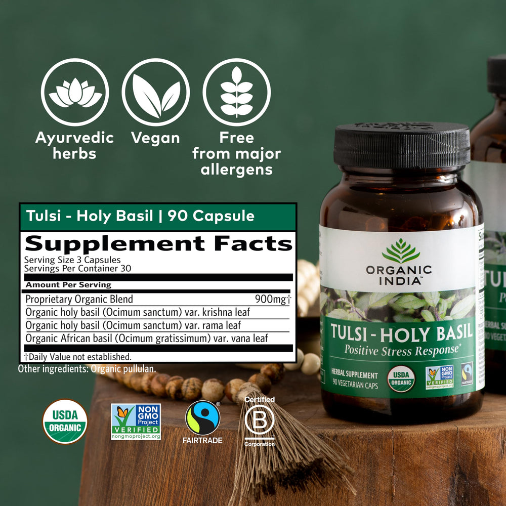 Tulsi Holy Basil leaves and capsules representing natural herbal supplement