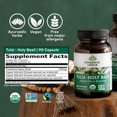 Tulsi Holy Basil leaves and capsules representing natural herbal supplement