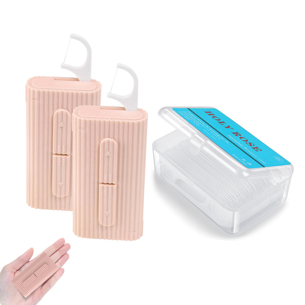 Holy Rose portable floss dispenser in pink with two boxes