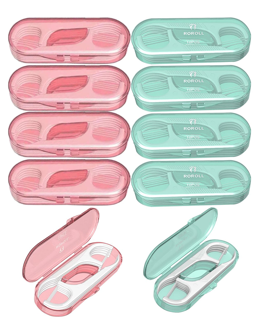 Holy Rose travel dental floss case in green and pink, compact portable design