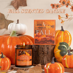 Autumn decor candle displayed in a cozy home setting