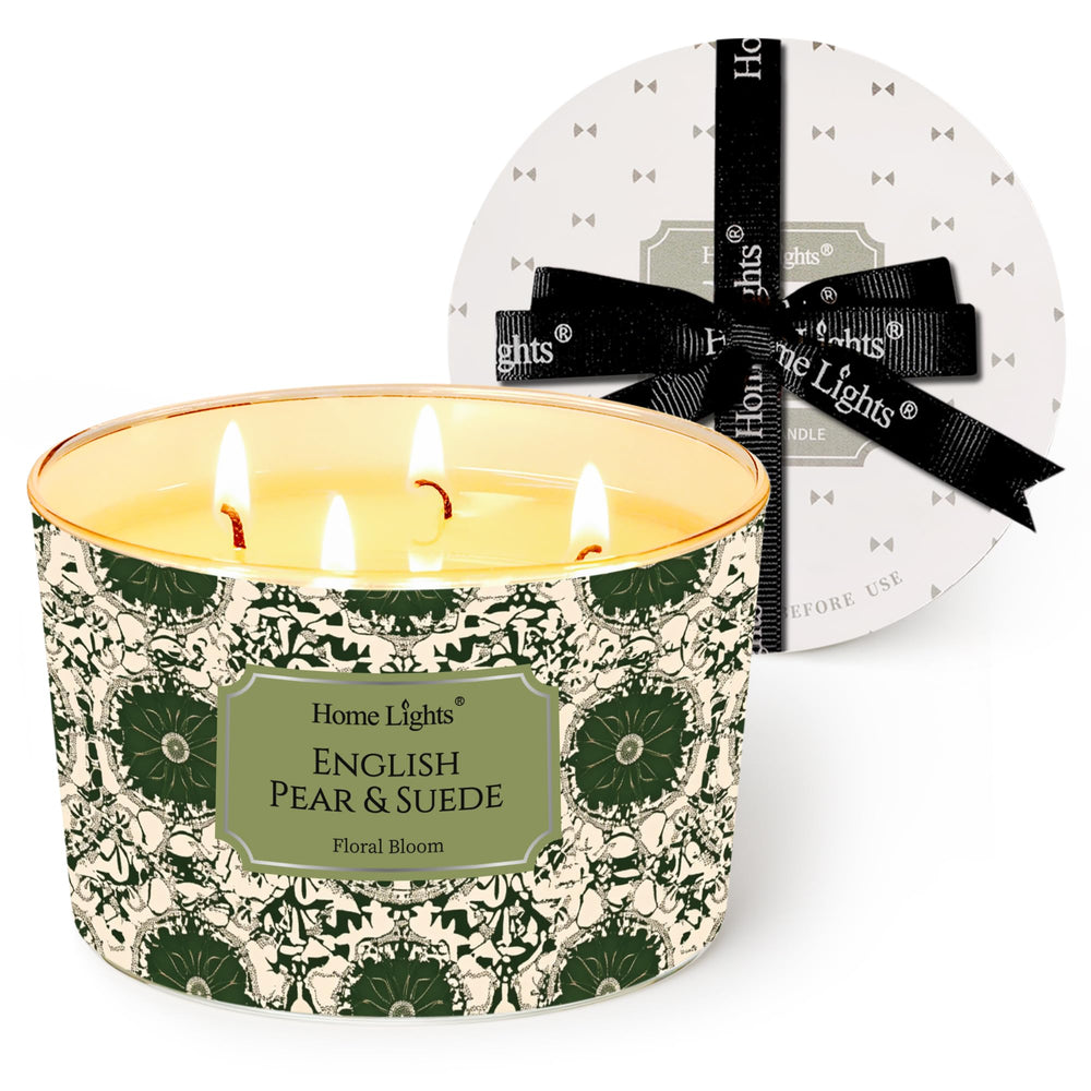 HomeLights 18oz soy wax candle with 4 wicks in English Pear & Suede scent in a clear jar