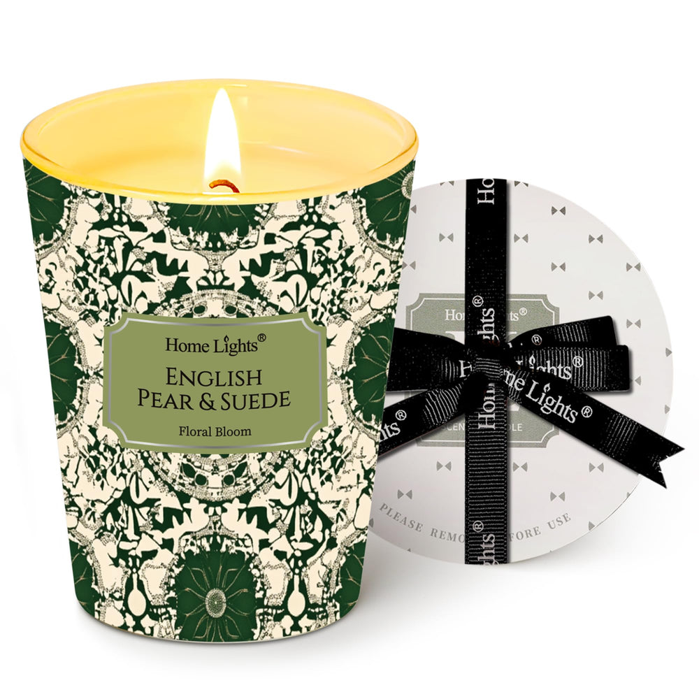 Front view of HomeLights English Pear & Suede Soy Wax Candle in a stylish jar