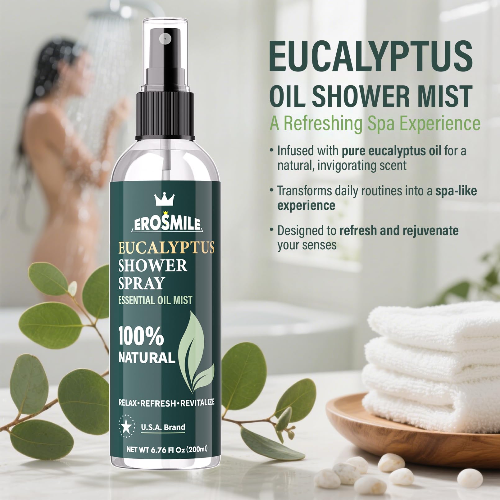Home spa setup with eucalyptus spray in bathroom