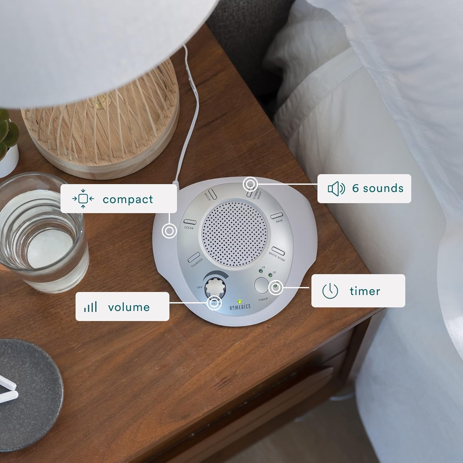 Homedics SoundSleep compact design makes travel simple and quiet environments.