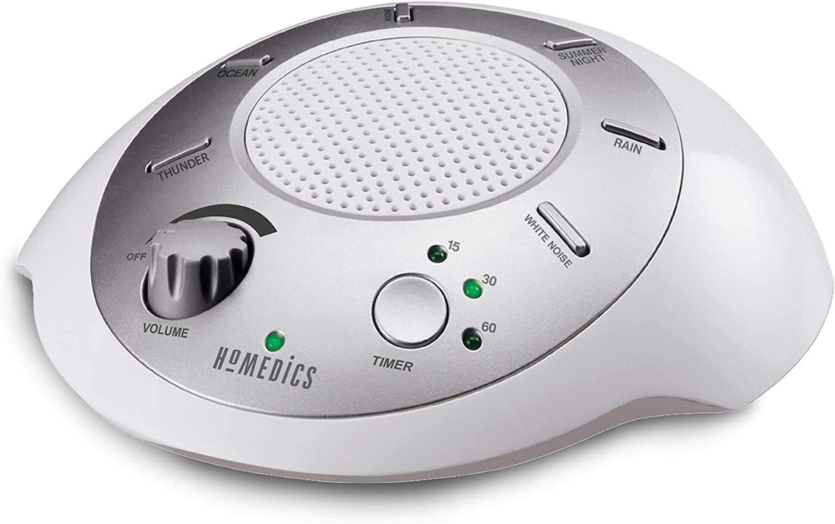 Homedics SoundSleep white noise machine silver front view for improved sleep ambiance.