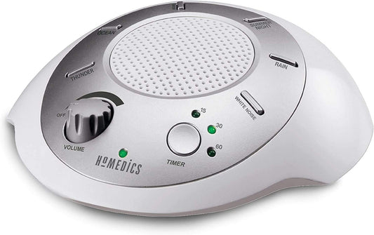 Homedics SoundSleep white noise machine silver front view for improved sleep ambiance.