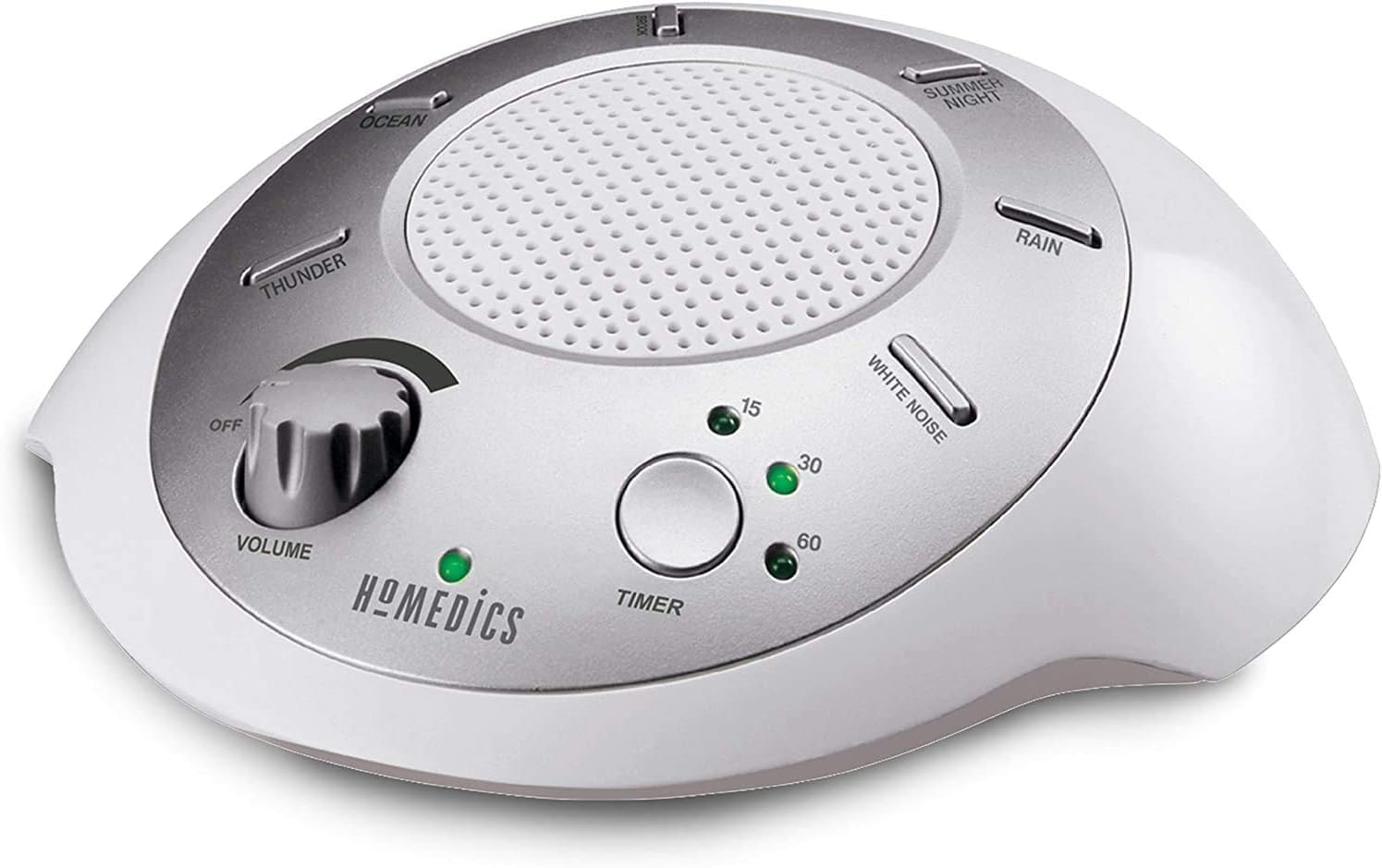 Homedics SoundSleep white noise machine silver front view for improved sleep ambiance.