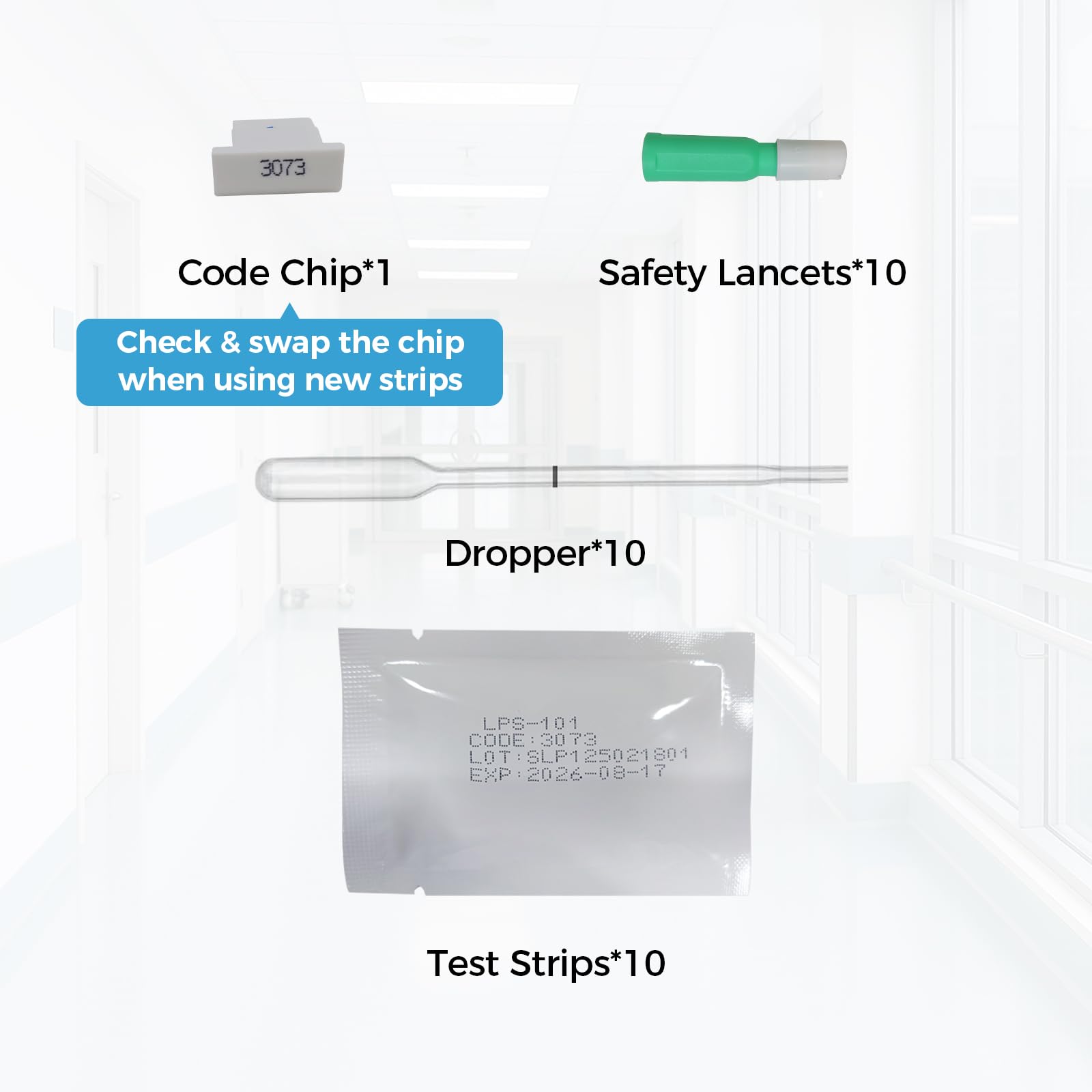 Close-up of HOMEDSUN test strips with code chip and lancets for HSLPM-102