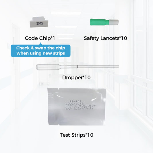 Close-up of HOMEDSUN test strips with code chip and lancets for HSLPM-102