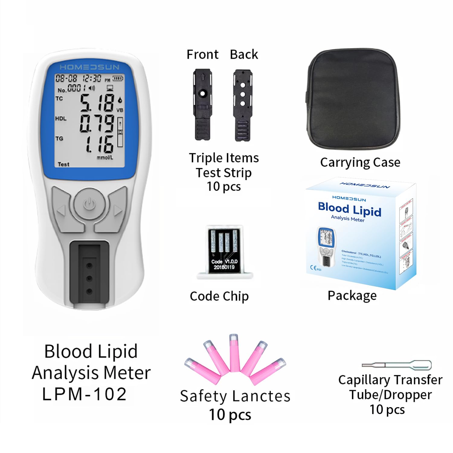 Compact home-use cholesterol testing kit with accessories