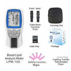 Compact home-use cholesterol testing kit with accessories