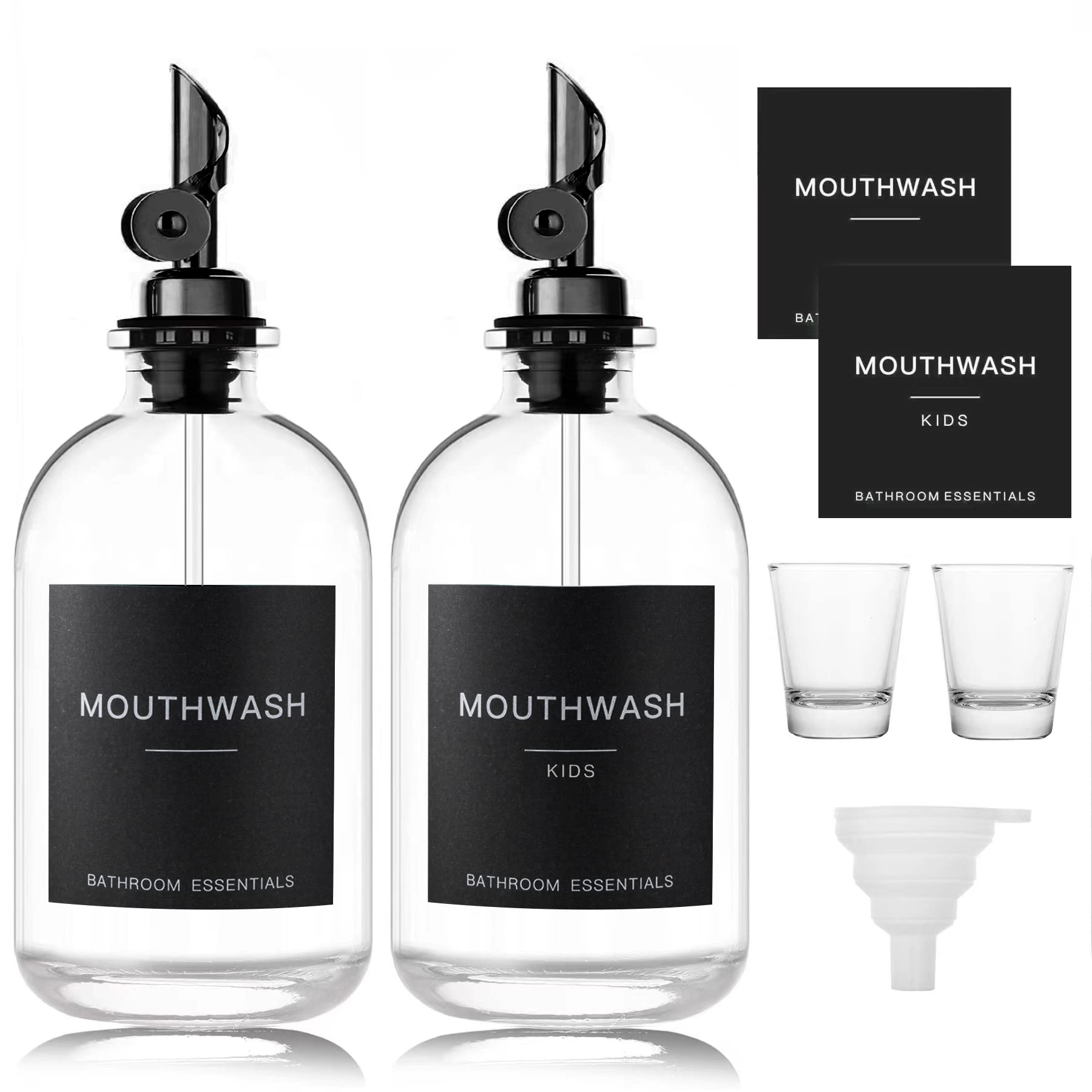 HomeFeel black glass mouthwash dispenser with cups, two-pack, front view