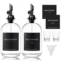 HomeFeel black glass mouthwash dispenser with cups, two-pack, front view