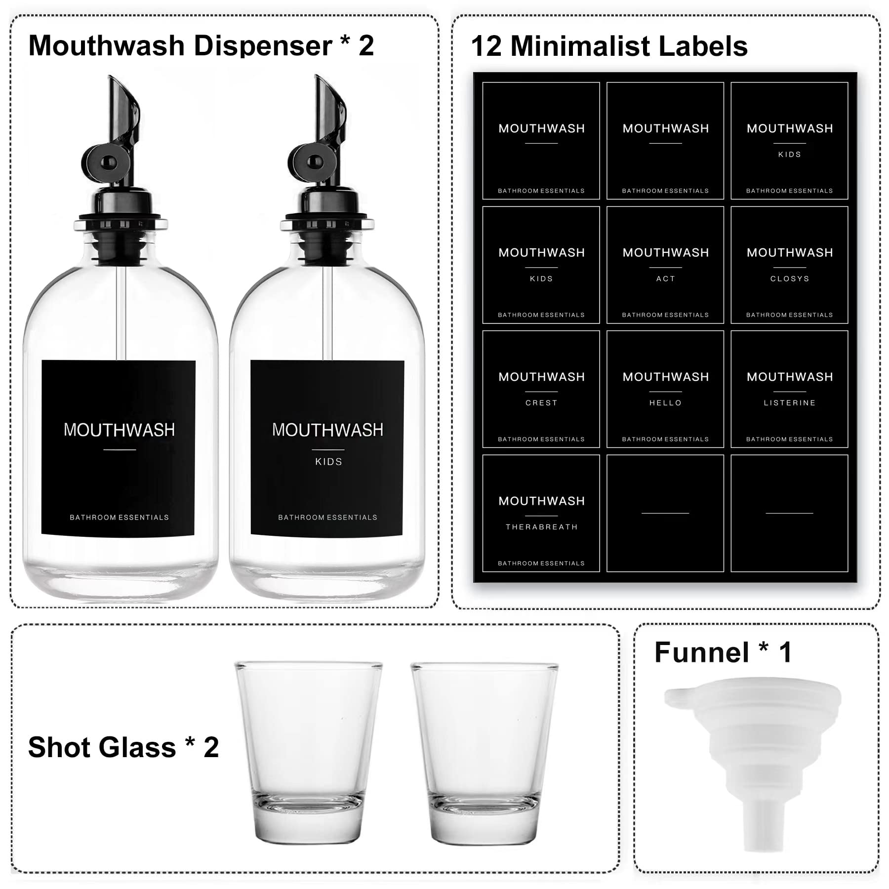 Contents including shot glasses, funnel, and 12 minimalist labels