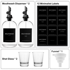 Contents including shot glasses, funnel, and 12 minimalist labels