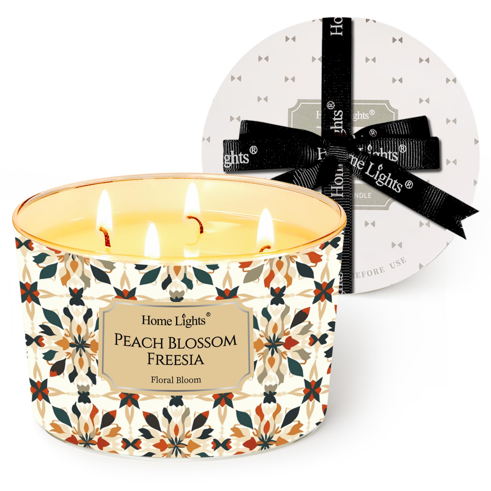 HomeLights 18oz 4-wick soy wax candle in Peach Blossom Freesia in a glass jar
