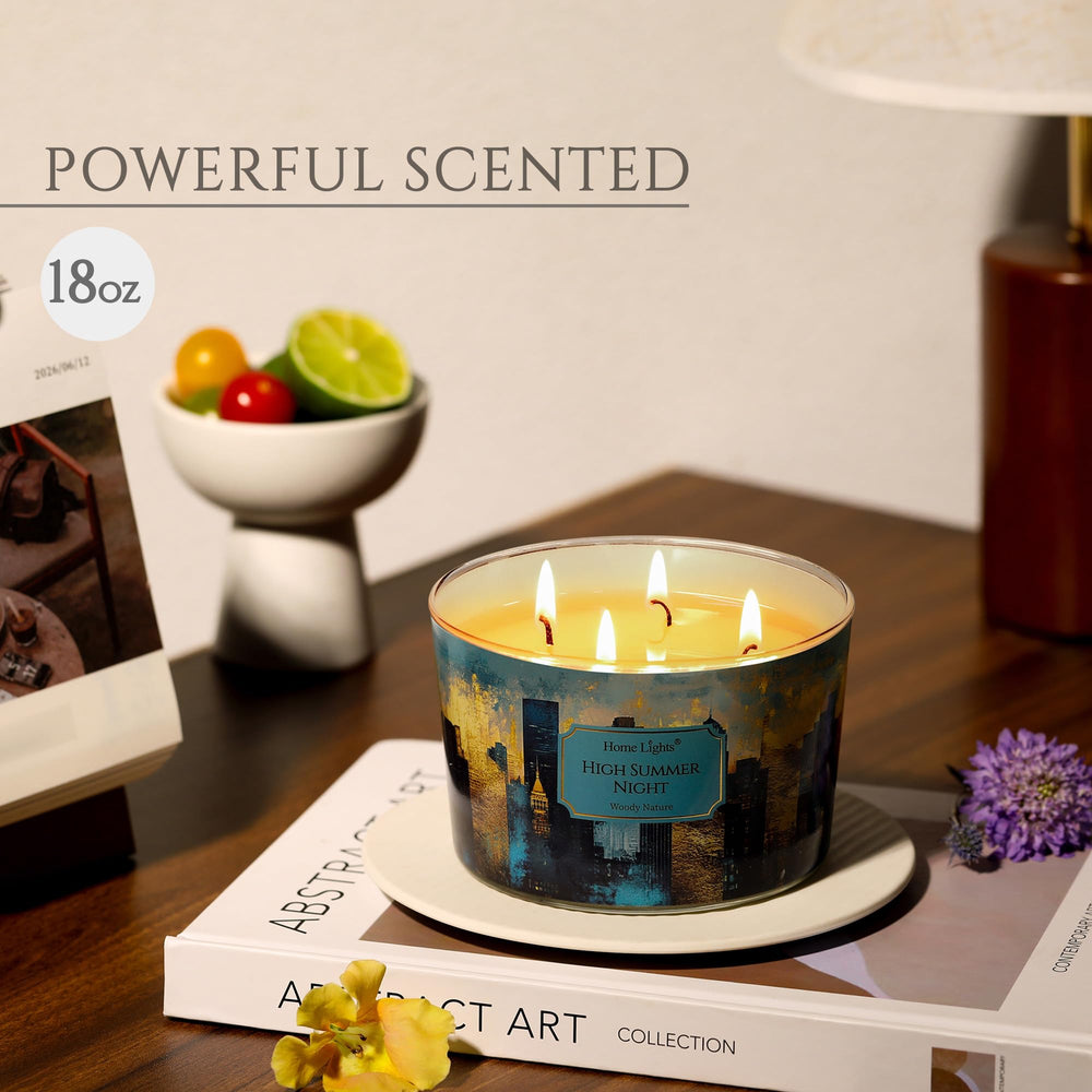 Close-up of HomeLights 18oz soy candle showing the 4-wick design