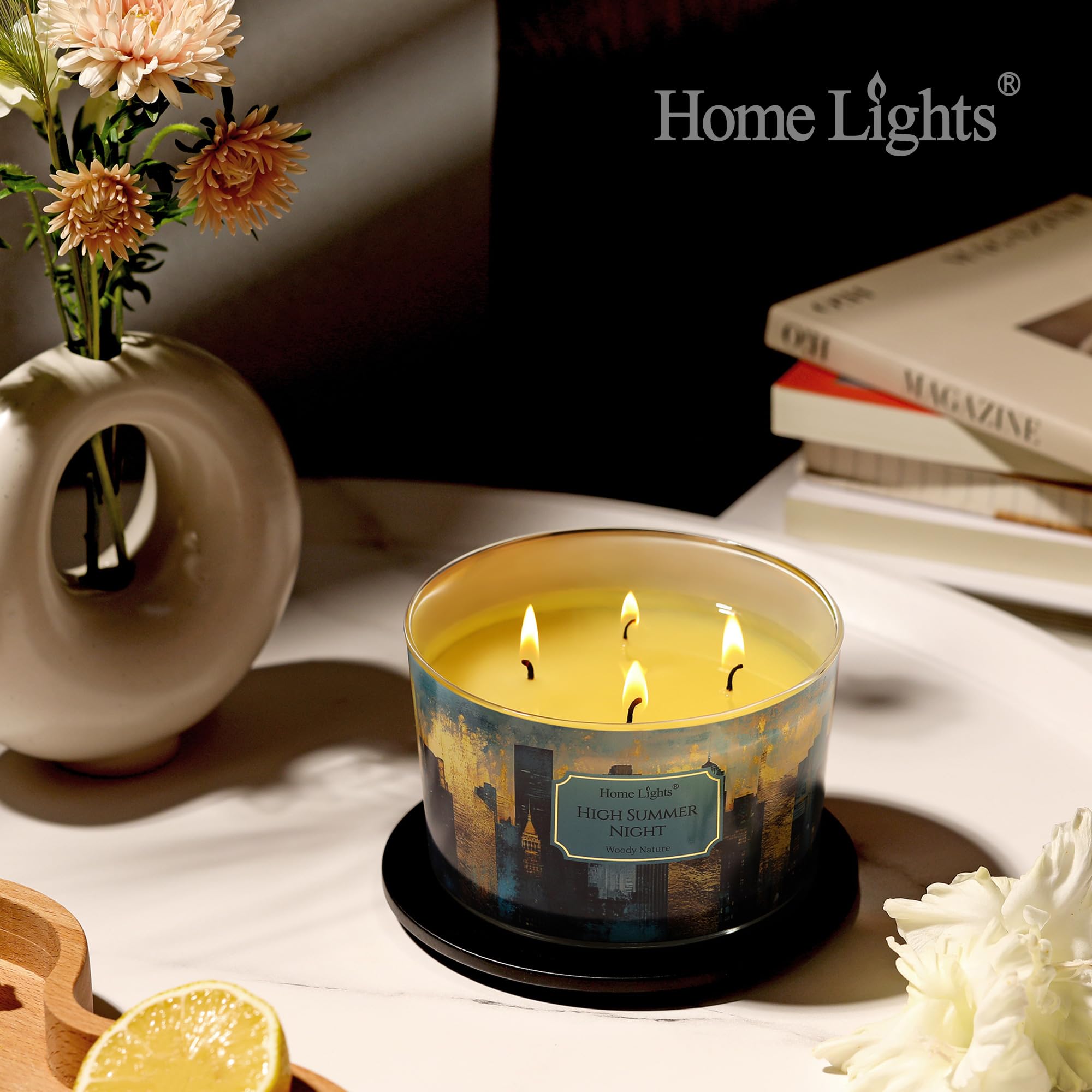 Candle burning with fragrance release and pool of light
