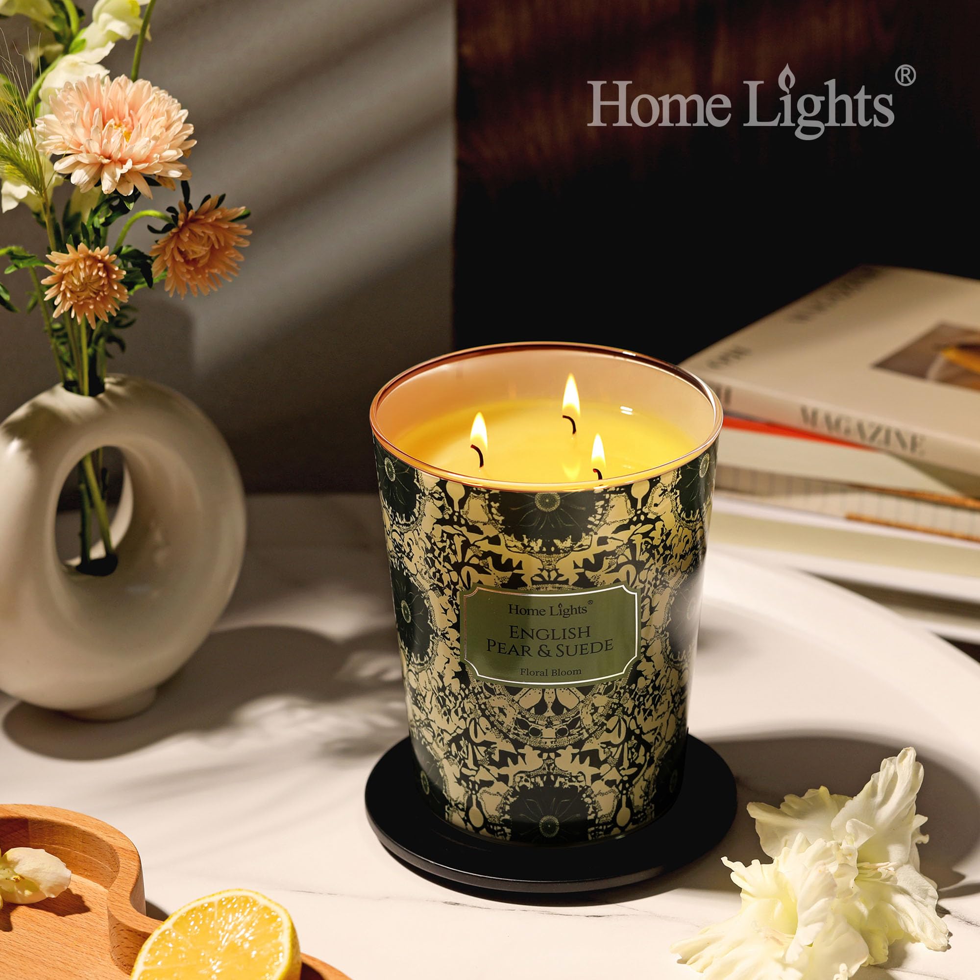 Triple-wick burn shown on HomeLights 34oz candle