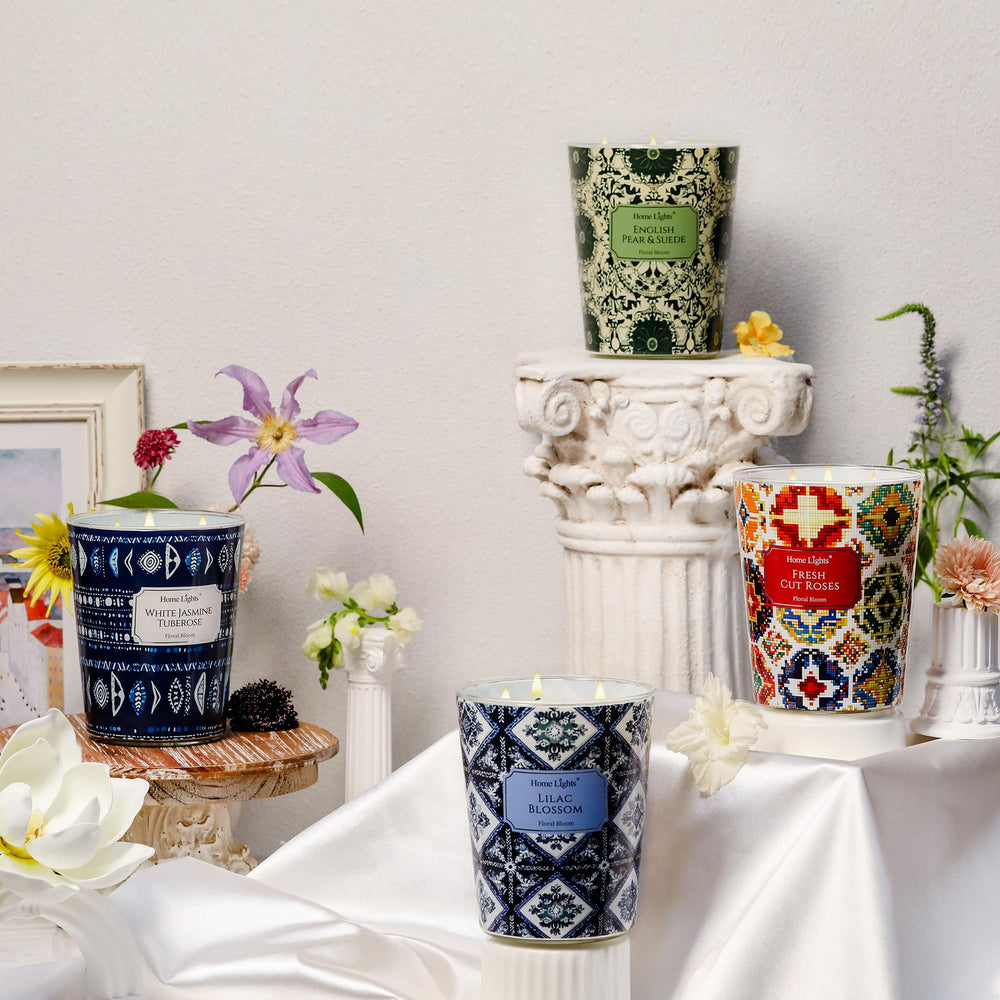 Bohemian home decor featuring HomeLights 34oz candle