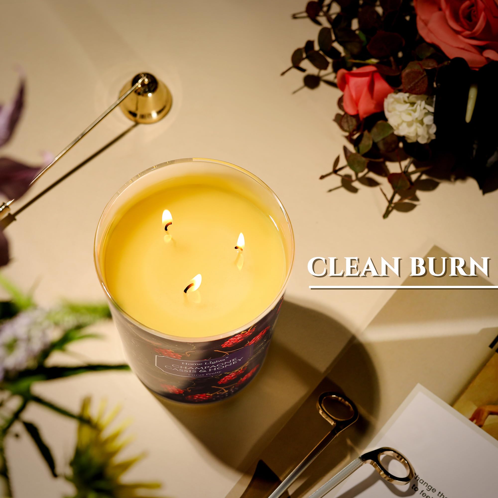HomeLights 34oz 3-Wick Candle Champagne Cassis & Honey burn timeline graphic