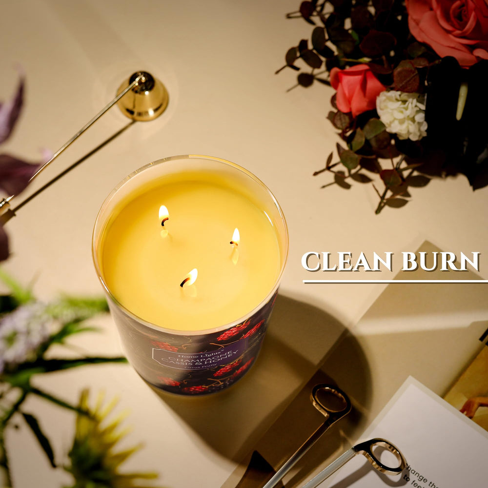 HomeLights 34oz 3-Wick Candle Champagne Cassis & Honey burn timeline graphic