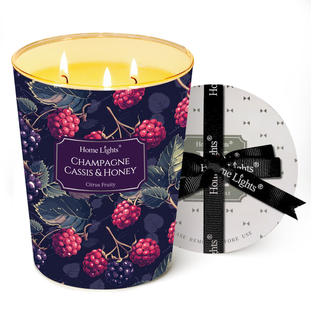 HomeLights 34oz 3-Wick Candle Champagne Cassis & Honey front label