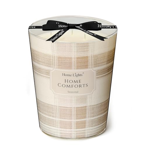 Close-up of HomeLights Home Comforts 34oz soy candle with a 3-wick jar