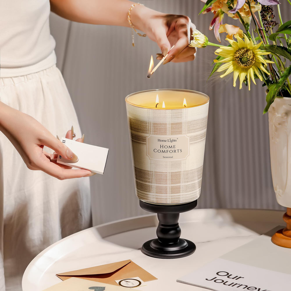 Unboxed packaging and presentation of HomeLights 34oz candle