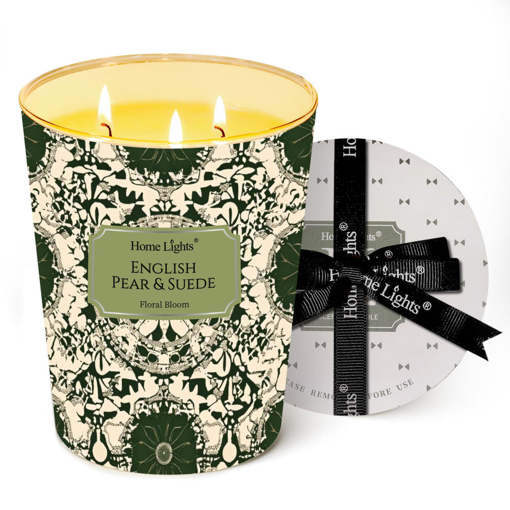 HomeLights 34oz soy wax candle with English Pear & Suede fragrance, 3-wick setup
