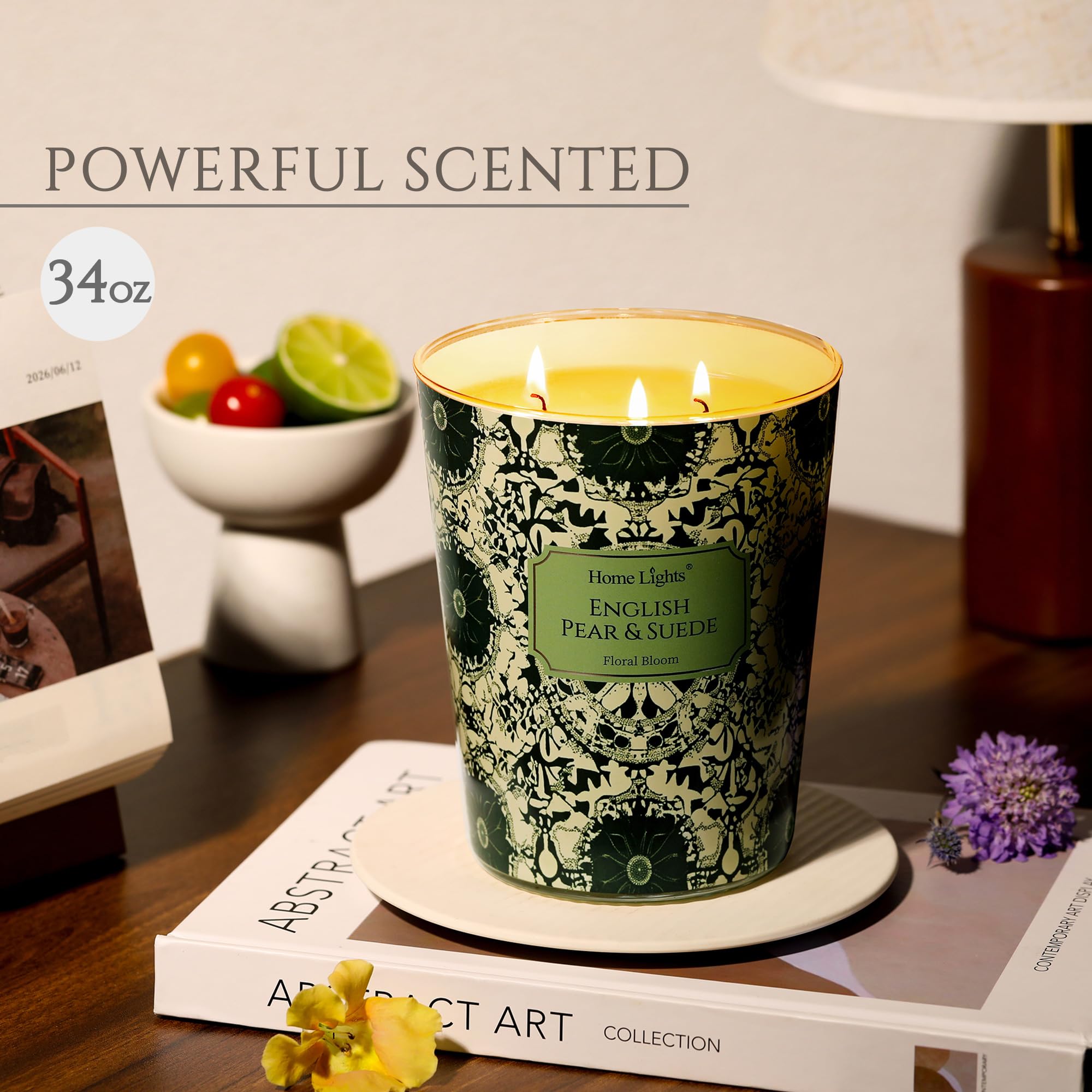 Close-up of HomeLights English Pear & Suede 3-wick candle