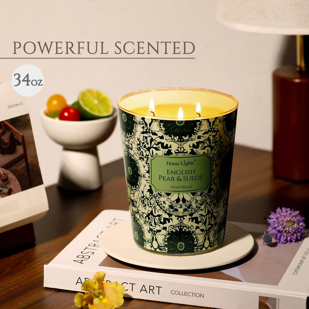 Close-up of HomeLights English Pear & Suede 3-wick candle