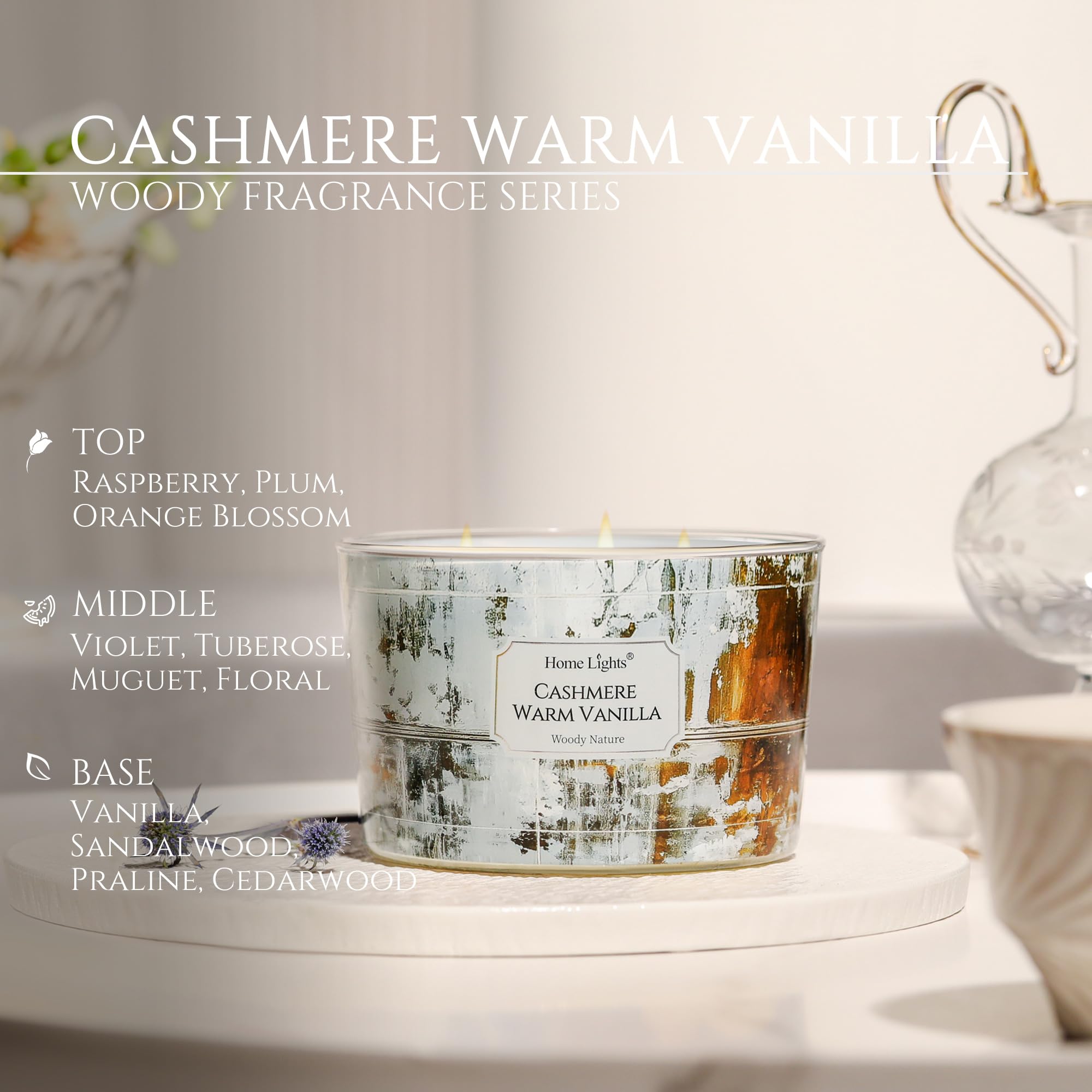4-wick candle with long burn time of 50+ hours for rich fragrance