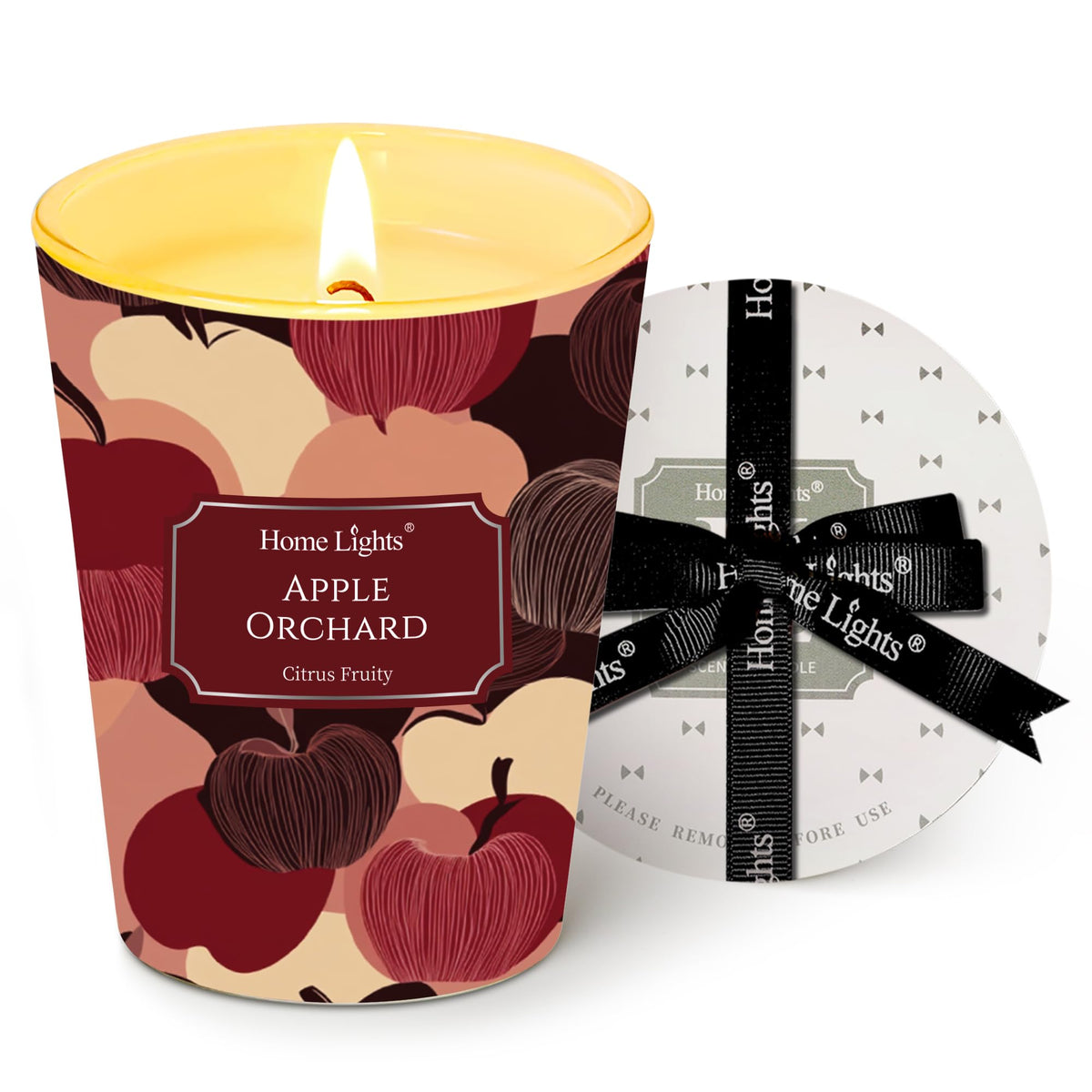 Front view of HomeLights Apple Orchard soy wax candle in a 6.7oz jar