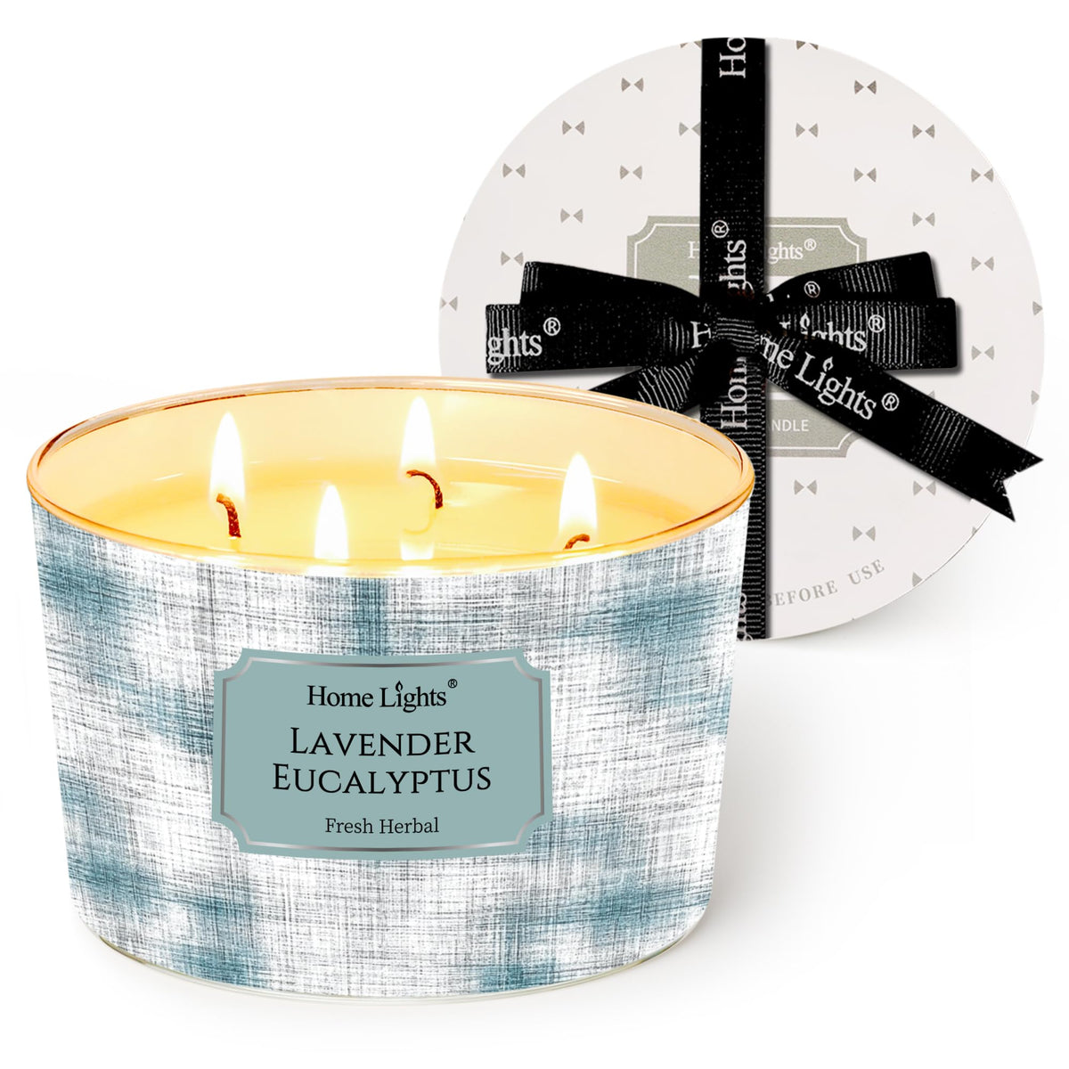 HomeLights Lavender Eucalyptus 18oz soy wax candle in a minimalist glass jar