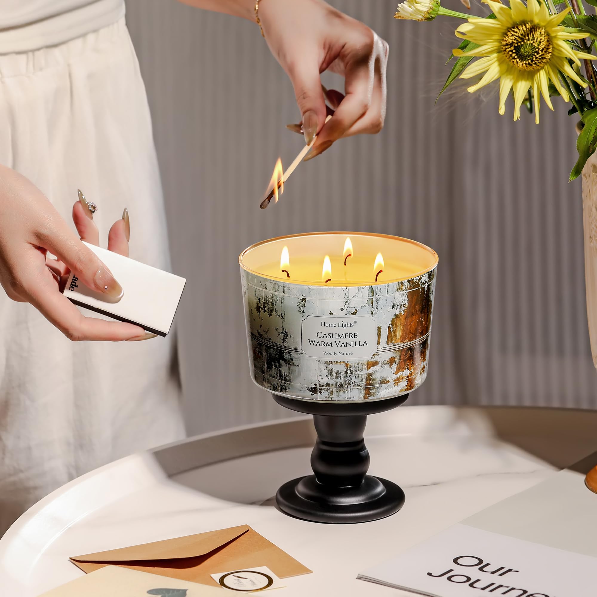 Home interior decor setup featuring a HomeLights candle