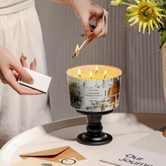 Home interior decor setup featuring a HomeLights candle