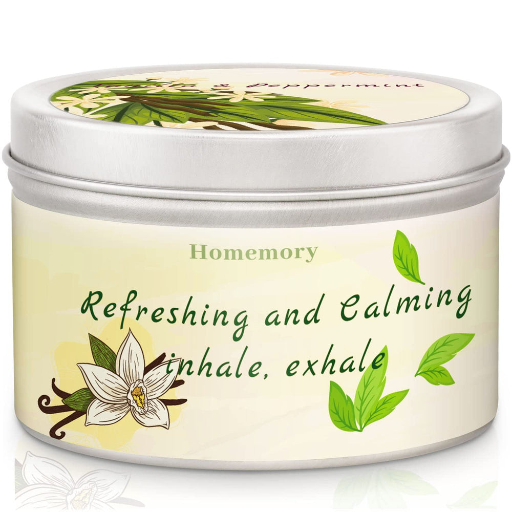 Homemory Peppermint & Vanilla Candle, front view, calming ambient aroma