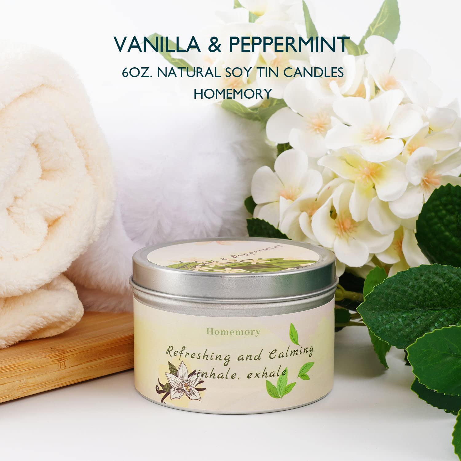 Homemory Peppermint & Vanilla Candle, side view, diffuse fragrance for focus